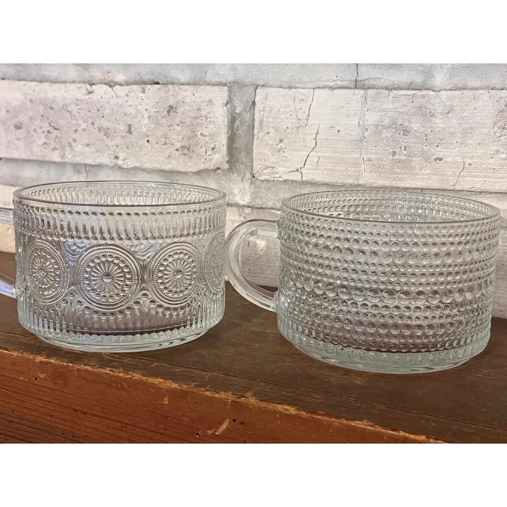 Vintage Style Coffee Tea Glass Mugs 14 Oz Set of 2 Embossed Glassware w Handles